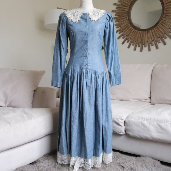 Vintage Gunne Sax 70s Blue Prairie  Cottagecore Maxi Dress - Picture 3 of 13